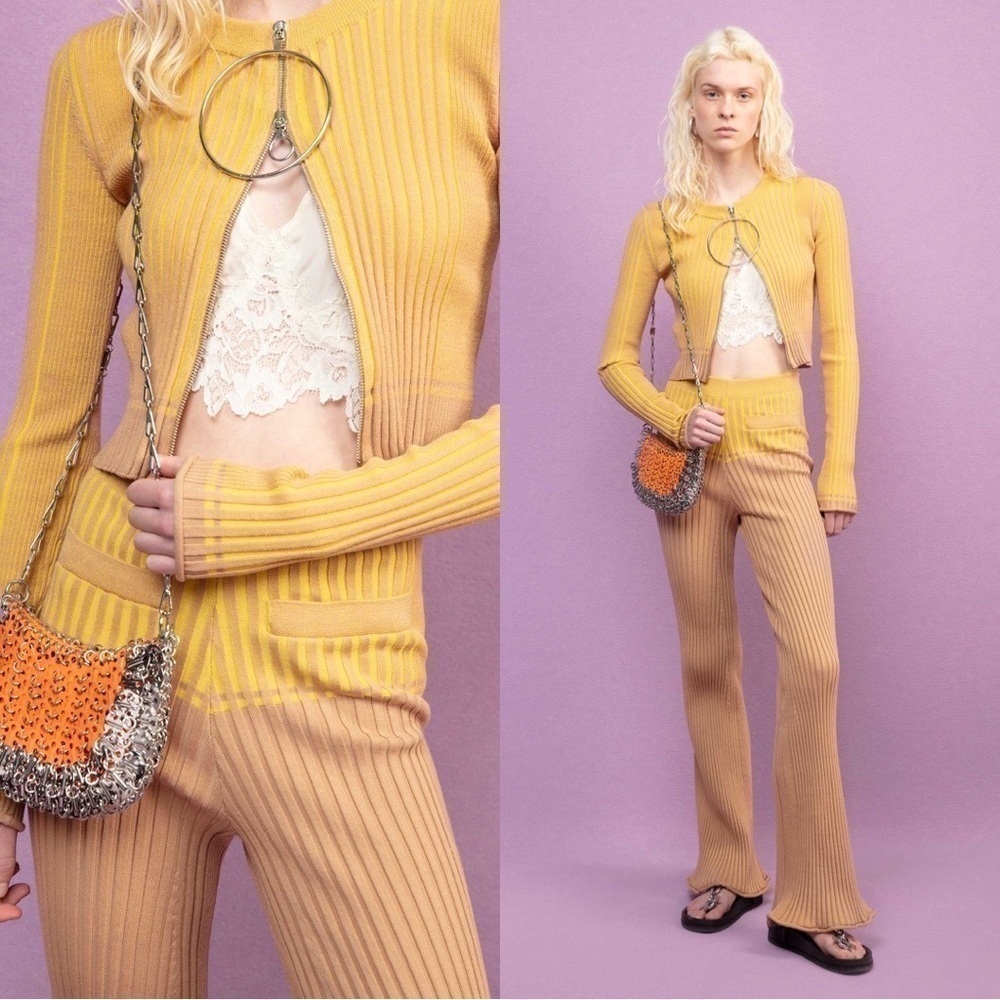 Paco Rabanne Knit Bi-color Tan Yellow Flare Ribbed Knit Pants Large